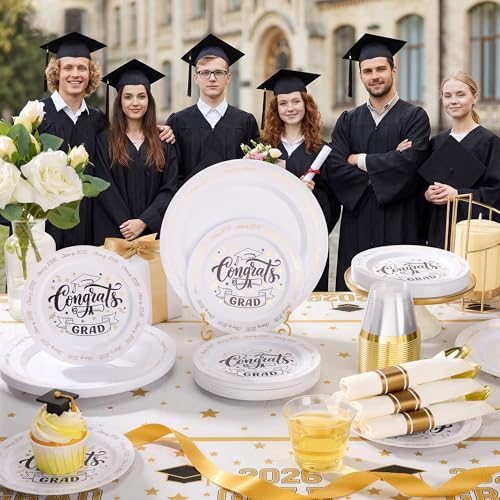 Goodluck 350 Piece Graduation Gold Plastic Dinnerware Set for 50 Guests, Congrats Grad Disposable Plates Include: 50 Dinner Plates, 50 Dessert Plates, 50 Cups, 50 Pre Rolled Napkins with Silverware - color: White, style: 350 Piece (50 guests)