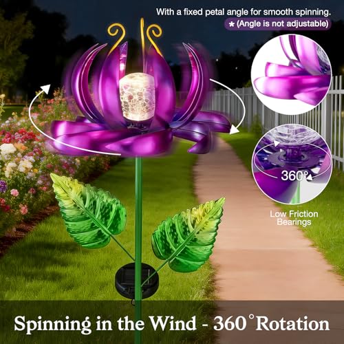 Solar Yard Lights Wind Spinners- Metal Lotus Flower Garden Decor LED Crackle Glass Globe Yard Art Sculpture Solar Stake Lights for Patio Pathway Lawn Walkway (Purple-Large) - color: Purple-large
