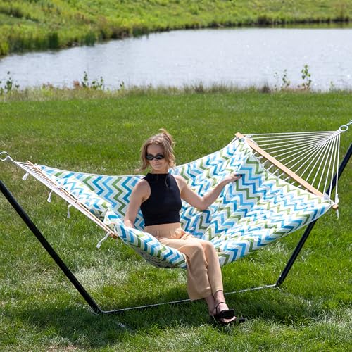 Sunnydaze Rope Hammock with Stand for Outside - Heavy Duty Freestanding Portable Outdoor Hammock Set with Quilted Pad, Pillow, and 12-Foot Steel Frame - 275 lb Capacity - Blue & Green Chevron - color: Blue & Green Chevron