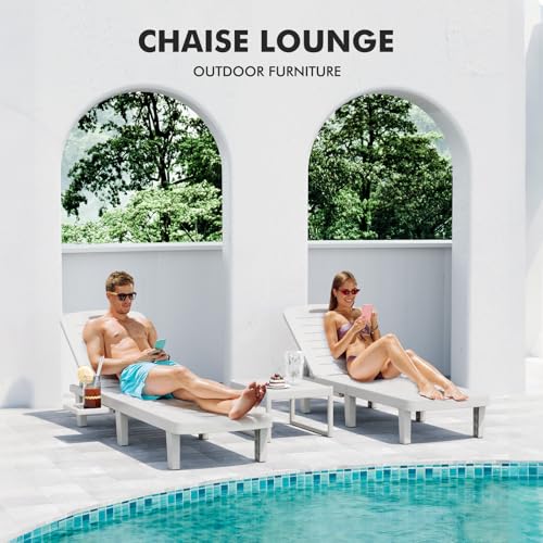 WACASA Outdoor Chaise Lounge Chairs Set of 4, Oversized Resin Lounge Chairs with 5-Level Adjustable Backrest & Cup Holder, Waterproof Pool Lounge Chair for Poolside, Patio, Beach, Yard, White - color: White, size: Set of 4