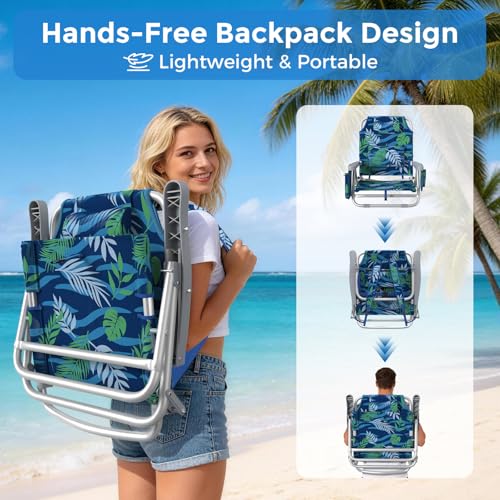 5-Position Backpack Beach Chair for Adults with Lumbar, Foldable Tall Heavy-Duty Beach Chairs with Cooler Bag,Cup Holder,Towel Rack for Beach, Camping, Outdoor (1, Blue&Green) - color: Blue&green, size: 1 pack