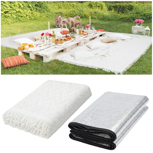 Hahafelt 91x 71 in Extra Large Outdoor Picnic Blanket with Waterproof Mat Oversize Beach Woven Cotton Yarn Blanket with Fringe Machine Sandproof for Spring Summer Camping Beach Park(Boho,White) - color: White