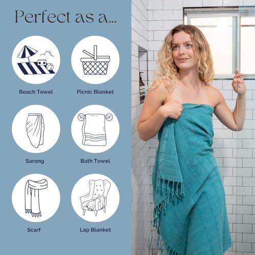 InfuseZen Stonewashed Turkish Bath & Beach Towel –100% Organic Turkish Cotton - Soft, Lightweight, Absorbent - Quick Dry, Sand Free - Swim, Pool, Shower, Travel - Peshtemal, Hammam Spa Towel - Teal - color: Teal