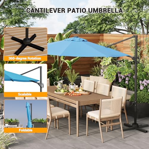 TrailBlaze 10ft Cantilever Patio Umbrella – 360° Rotating Offset Sun Shade with Adjustable Tilt, Waterproof Windproof 600D Oxford Canopy, Heavy-Duty Rustproof Aluminum Frame, Cross Base – Ideal for Garden, Patio, Poolside - color: Turquoise Blue