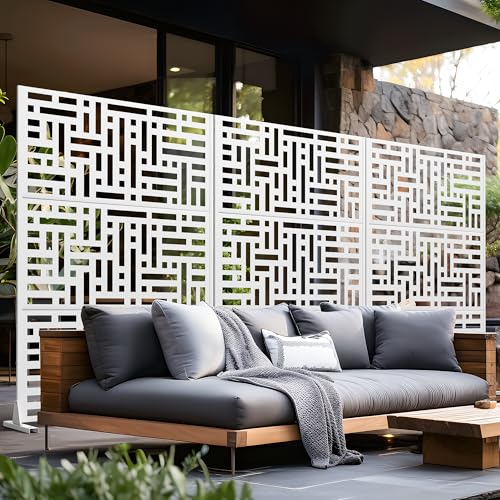 Casaphoria Metal Privacy Screen Outdoor, 72" H x 47" W Freestanding Decorative Privacy Screen for Patio Deck Balcony Garden with Stable Base, White-Helen - color: White-helen