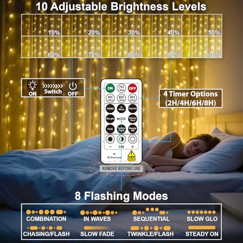 HXWEIYE 300LED Fairy Curtain Lights, 9.8x9.8Ft USB Plug-in 8 Modes Christmas String Hanging Lights with Remote for Bedroom Backdrop Wedding Indoor Wall Decor, Warm White, Standard – 1 Pack - color: Warm White, size: Standard – 1 Pack