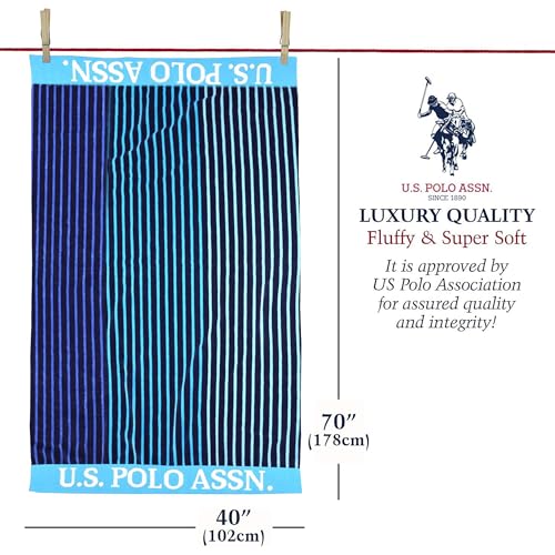 U.S. Polo Assn. Oversized (40” x 70”) Striped Nautical Design Beach Towel - Luxury Plush Cotton Hotel Quality for Bath, Pool - Hawaii Stripe - color: Blue/Navy, size: 40" x 70"