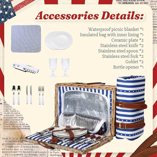 Wicker Picnic Basket for 2 with Waterproof Picnic Blanket and Insulated Bag Classic Blue and White Star Stripes Pattern for Soccer Game, Camping, Travel, Birthday Gift, Wedding Gift - color: Blue and White Stars