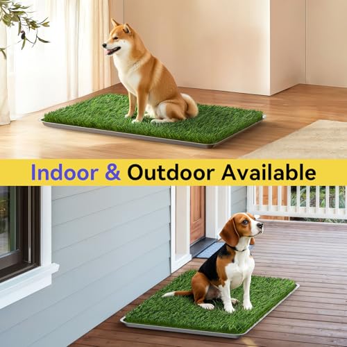 Pawaboo Stainless Steel Dog Grass Pad with Tray, 28'' x 20'' Dog Litter Box with 2pcs Reusable Artificial Grass Mats, Dogs Grasses Potty Tray with Washable Dogs Pee Pad for Balcony Indoor Outdoor Use - size: 28'' x 20''