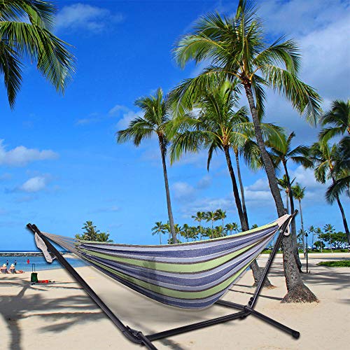 Double Hammock with Steel Stand, Adjustable Hammock Bed,Portable Outdoor Polyester Hammocks Set,2-Person Heavy-Duty Hammocks for Camping Garden Backyard Patio,250lbs Capacity (Green Stripe) - color: Green Stripe