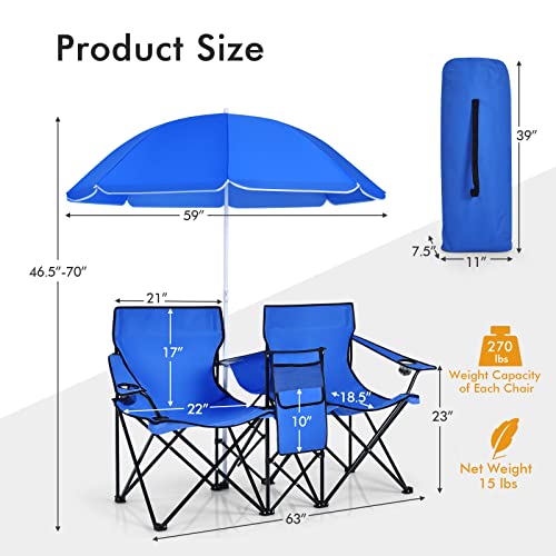 LDAILY LUARANE Folding Double Camping Chair, Outdoor Picnic Chairs w/Removable Umbrella, Mini Table, Cup Holder & Carrying Bag, Portable Camping Loveseat for Patio, Pool, Lawn, Beach, Park (Blue) - color: Blue