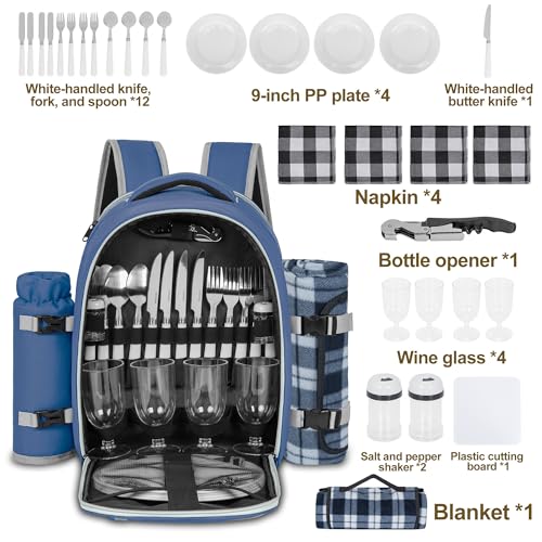 Picnic Backpack for 4 Persons with Insulated Leakproof Cooler Compartment, Cutlery Sets, Wine Holder, Fleece Blanket, Wedding Gifts for Couples, Perfect for Beach, Camping, Hiking, Blue - color: Blue, size: For 4 Persons