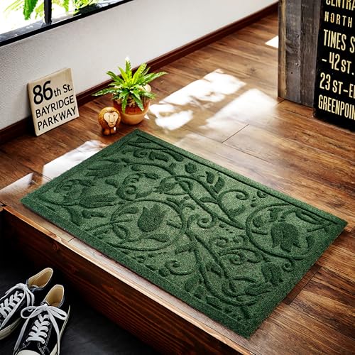 Boho Green Floral Leaves Outdoor Indoor Entrance Doormats, Absorbent Durable Heavy Duty Welcome Front Door Mat,Thick Natural Rubber Back,Easy Clean Entryway Mat 23x35 Inch, Low Profile - color: Tulip-green, size: 1'11" x 2'11" (Rectangular)