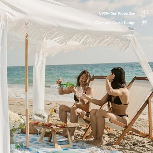 AMMSUN Beach Cabana with Fringe, 7' x 7' Boho Beach Canopy with Tassels, Easy Set up & Premium Wood Pole, Cabana Tent with Sand Pockets, Instant Sun Shade for Sand, Garden, Patio, Elegant White - color: Elegant White