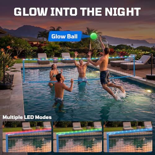 Haokelball LED Pool Volleyball Net Set, 15-32ft Adjustable Volleyball Net for Pool with Heavy Duty Base, Pool Volleyball Set for Inground Pools, Pool Toys & Pool Games for Kids & Adults, 2 Balls