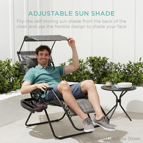 Best Choice Products 30” Wide Folding Zero Gravity Outdoor Recliner Patio Lounge Chair w/Adjustable Canopy Shade, Headrest, Side Accessory Tray - Beige - color: Beige, size: Oversized Extra Wide
