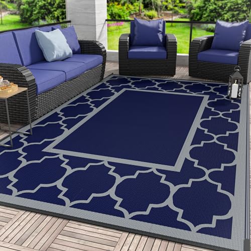 GENIMO Outdoor Rug 5' x 8' Patio Waterproof, Foldable Reversible Plastic Straw Area Rugs Mat for Camper Decor, Outside Carpet for Rv, Deck, Porch, Picnic, Beach, Balcony, Blue & Grey - color: Blue & Grey, size: 5' x 8' (Rectangular)
