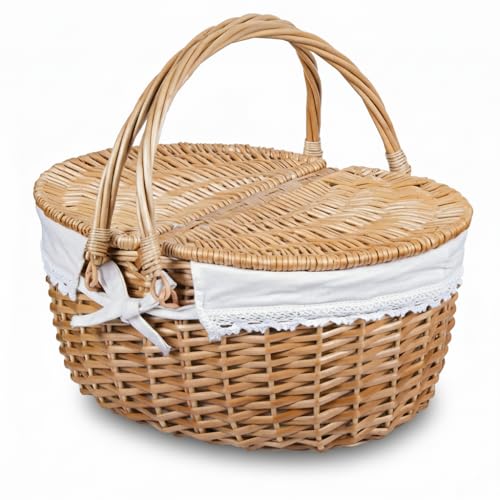 Wicker Picnic Basket with Lid and Handle 15" Sturdy Woven Body with Washable Lining for Easter,Mother's Day,Outdoor Camping,Not Dyed - color: Solid