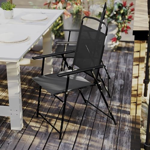 Flash Furniture Mystic Folding Patio Sling Chairs, Outdoor Textilene Lawn Chairs with Armrests, Set of 2, Black - color: Black