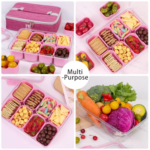 Snack Box Container with Insulated Cooler Bag, Divided Serving Tray with Lid and Handle Beach Essentials, Snackle Box Veggie Fruit Tray with 8 Compartments & 8 Forks & 2 Spoon Pink - size: Pink