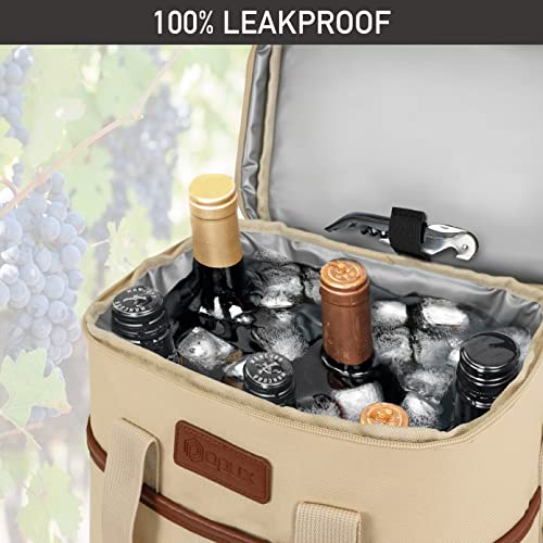 Opux 6 Bottle Carrier Tote | Insulated Padded Cooler Bag for Travel, Picnic, BYOB | Portable Leakproof Wine Tote for Dinner, Party, Christmas, Gift for Women, Men (Cream Beige) - color: Cream Beige, size: 6 Bottle
