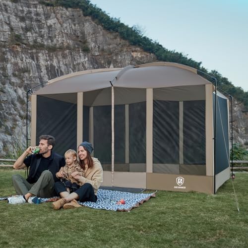 EVER ADVANCED Magnetic Screen House Room 11x9ft, Hands-Free Entry,Screenhouse with Sun Protection for Camping&Picnic, 11x9ftCamping Tent Canopy Shelter with Mesh, Brown - color: Brown
