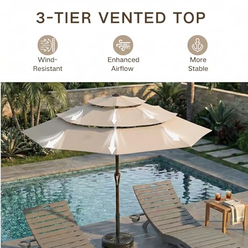 Kingdura 9ft 3-Tier Patio Umbrella, Outdoor Table Umbrella with Easy Crank & Tilt, 8 Reinforced Ribs, UV Protection for Deck, Pool, Market, Backyard (Beige) - color: Beige, size: 9 FT