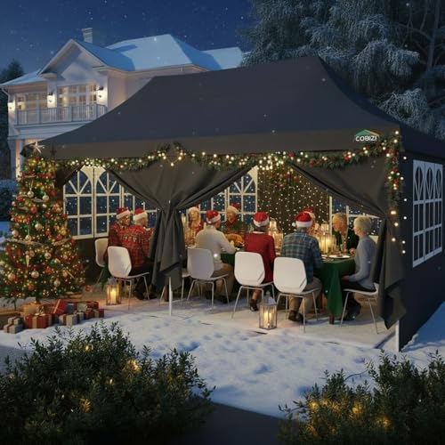 COBIZI 10x20 Pop Up Canopy with 6 Sidewalls, Conical Canopy Tents for Parties, Backyard, Commercial, Waterproof Event Tent Instant Shelter UV50+ Outdoor Gazebo with 4 Sandbags (Peak Drainage) - color: Pure Black, size: 10x20FT