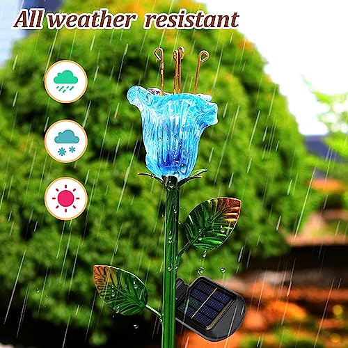 Garden Solar Stake Lights Outdoor, 2 Pack Solar Powered Metal Stake Lights with Blue Bell Glass Lily LED Decorative Garden Lights for Walkway,Pathway,Lawn, Courtyard