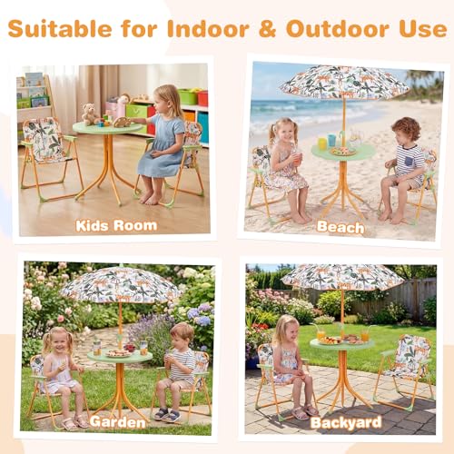 KOTEK Kids Picnic Table with Umbrella, Outdoor Table & 2 Folding Chairs, Cute Pattern Children’s Patio Furniture, Portable Kids Table and Chair Set for Backyard, Garden, Beach (Yellow Tiger) - color: Yellow Tiger