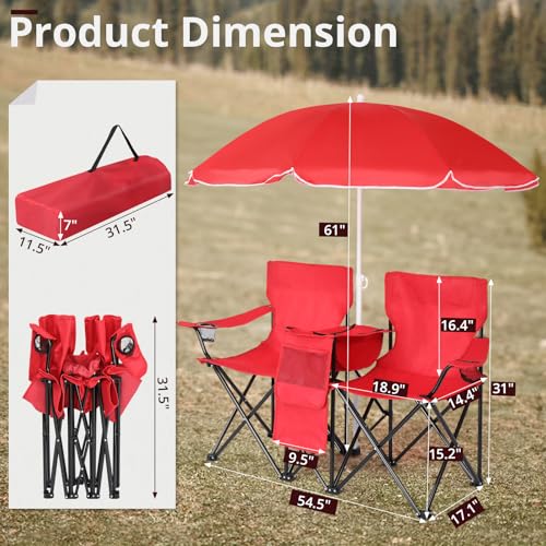 Outvita Folding Double Camping Chair w/Umbrella Beverage Holder Carrying Bag Cooler Fold Up Table, Large Bearing Capacity for Beach Patio Pool Park Outdoor Red - color: Red