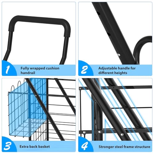 Folding Shopping Cart, Rolling Trolley with 360° Swivel Wheels Height Adjustable Grocery Cart for Laundry, Baggage, Picnic - size: Medium - Basic
