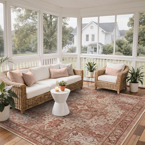 GENIMO Outdoor & Indoor Area Rug 8'x10', Waterproof, Non-Shedding, Easy Cleaning, Boho Mat for Patio, Living Room, Balcony, Dining Room, RV, Deck, Bedroom, Camping, Outside Carpet,Brown Red - color: Brown Red, size: 8' x 10' (Rectangular)