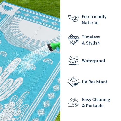 Garvee Reversible Cactus Outdoor Rug 8x10 for Patio, Waterproof Outdoor Area Rug, Modern Desert Botanical Indoor Outdoor Rugs, Plastic Straw Rug for RV, Camping, Deck, Teal Blue - color: Blue--cactus, size: 8' x 10' (Rectangular)