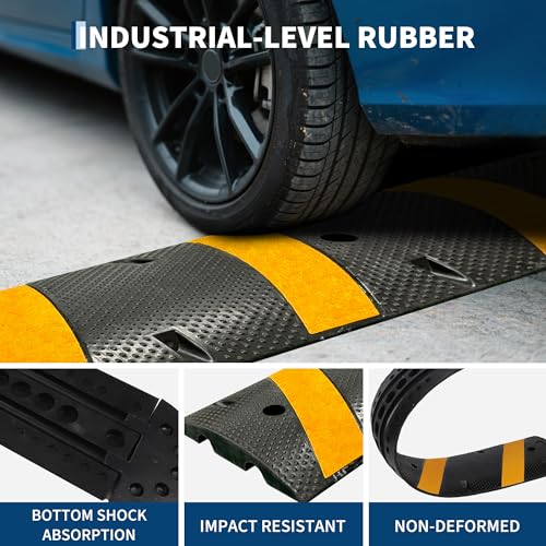 6FT (72") Rubber Speed Bump, 2-Channel Cable Protector Ramp, 1 Set (1 Bump + 2 End Caps), Heavy Duty Industrial Grade for Driveway, Parking Lot, Road
