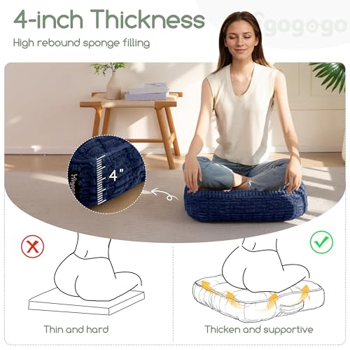 HIGOGOGO Floor Pillow Cushion for Adults, Meditation Cushion Pillow, Blended Corduroy Cover, Large Square Floor Sitting for Tatami Living Room or Yoga, 2Pack, Navy - color: Square Navy, size: 4" Thick(Pack of 2)