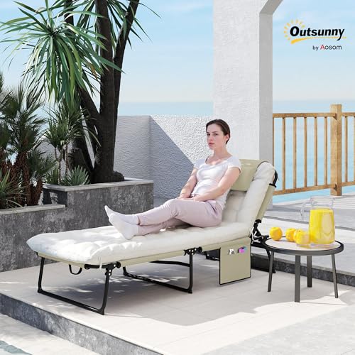 Outsunny Folding Chaise Lounge with 4-Level Reclining Back, Outdoor Tanning Chair with Cushion, Outdoor Lounge Chair with Breathable Mesh Fabric, Side Pocket, Headrest, Beige - color: Beige
