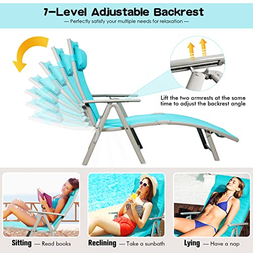 Giantex Chaise Lounge Chair for Outside, Pool Folding Reclining Beach Chair W/Removable Cushion&Headrest Pillow, Outdoor Lounge Chaise w/ 7 Backrest Positions, Portable Patio Lounger (1, Turquoise) - color: Turquoise