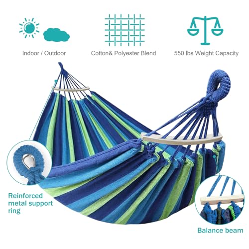 MOSFiATA Hammocks Portable Camping Hammock Upgraded 550lb Comfortable Fabric Hammock with Two Anti Roll Balance Beam and Sturdy Tree Straps for Camping, Patio, Backyard, Outdoor （Blue Green） - color: Blue Green