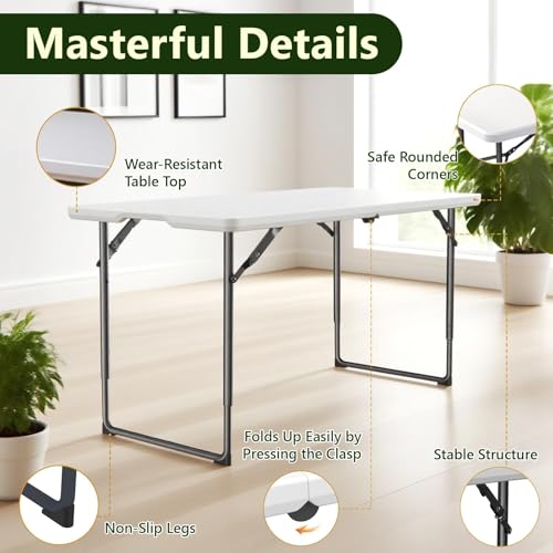 Folding Table, 4FT Foldable Picnic Table with Adjustable Height, Heavy Duty Fold-in-Half Portable Table for Weddings, Camping, RV Travel, Parties, BBQs, and Indoor Use, Easy to Fold and Store - color: White, size: 4FT