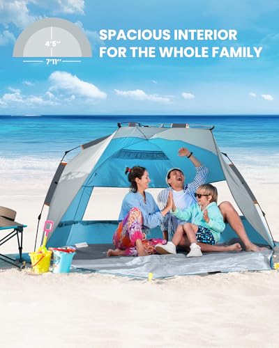 OutdoorMaster Beach Tent Sun Shelter for 3-4 Person, Pop Up Beach Tent Easy Setup with Sandbags, Portable Sun Shade Canopy with Carrying Bag for Beach & Outdoor, UPF50+ UV Protection, Family Size - color: Ocracoke Coast, size: X-Large
