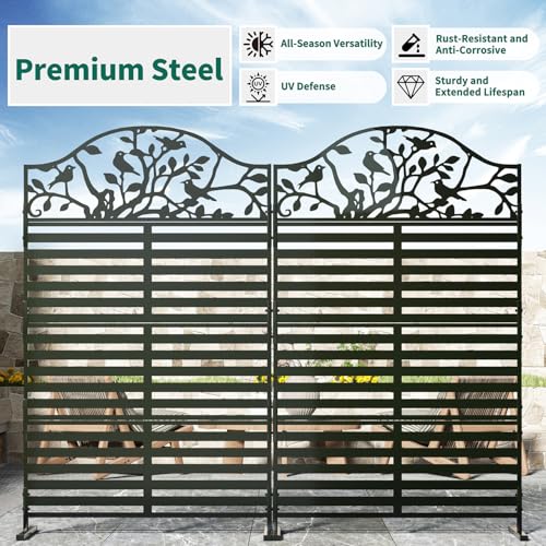 Metal Outdoor Privacy Screen, Decorative Privacy Panel with Tree Bird Design, Weatherproof Freestanding Modern Privacy Fence Divider for Patio, Deck, Backyard, Porch & Balcony (1, Black) - color: Black