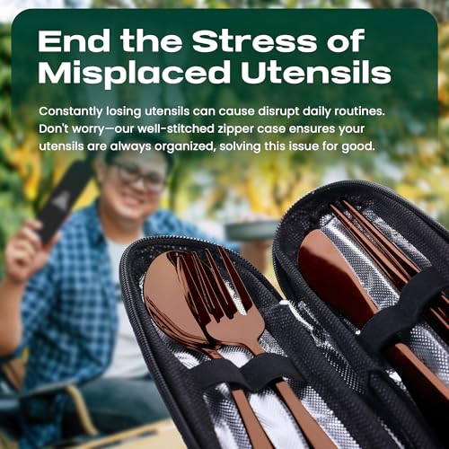 Taplord Portable Travel Silverware Set With Case, Includes 5 Pcs of Travel Utensils With Case, Stainless Steel Flatware Set For Camping, Easy to Travel, Lightweight (Rose Gold) - color: Rose Gold, size: 5 Pieces