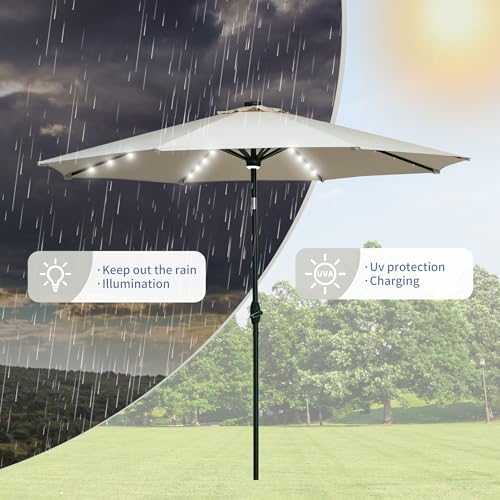 GDY 10Ft Patio Umbrella, Table Umbrella with 40 LED Lights, Outdoor Umbrellas for Patio, with Tilt and Crank, Center Light, for Garden, Deck, Backyard, Pool, and Beach. - color: Khaki