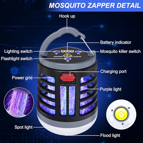 3 in 1 Indoor Bug Outdoor Mosquito Zappers, USB Rechargeable Mosquito Killer Portable Waterproof, LED Lantern Fly Zappers Camp Light Emergency Light for Home, Backyard, Camping Patio - 2 Pack