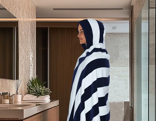 COTTON CRAFT Hooded Beach Towel - Oversized XXL 35x84 Towel with Hood for Adults - The Big Kahuna 7 Foot Beach Blanket Towel - Big & Tall Soft 100% Cotton Velour - Pool Bath Wrap - Cabana Stripe Navy - color: Cabana Stripe - Navy, size: 1 Pack - 35x84 Hoo