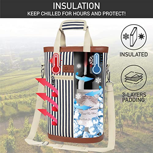opux Two Bottle Wine Bag Carrier Tote, Insulated Leakproof 2 Bottle Wine Cooler Bag for Travel BYOB Picnic, Portable Wine Case, Gift for Men Women Wine Lover Birthday Party Christmas, Navy Stripes - color: Navy Stripes