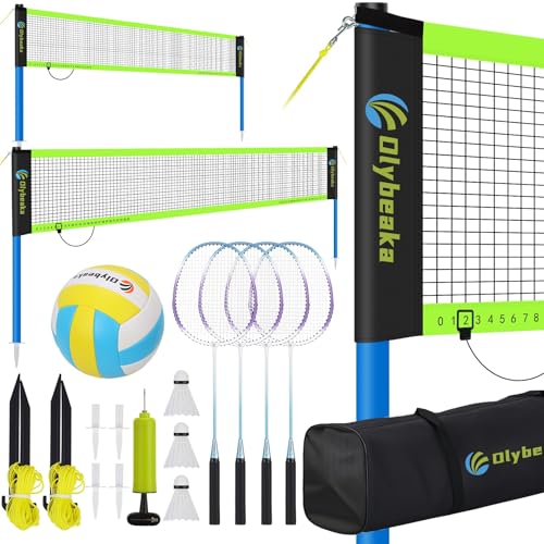 Portable Volleyball & Badminton Combo Net Set for Backyard Beach with 2 Nets (20ft and 32ft), Adjustable Poles, PU Volleyball, Aluminum Rackets and Carry Bag, Quick Setup & Durable - color: Black