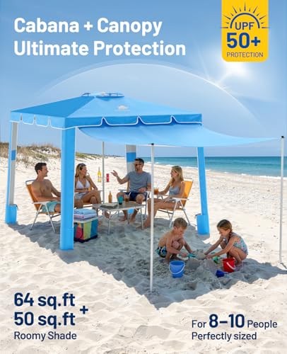 Rhino Valley Beach Cabana, 120 Sq. Ft Beach Canopy UPF50+ Protection, Easy Setup & Adjustable Height Beach Tent Sun Shelter with Cup Holder, Portable for 4-8 People, Blue - color: Blue