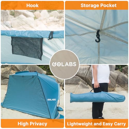 Golabs BT1 Pop up Beach Tent Sun Shelter for 3-Person, 1-Minute Setup by Pre-Attached Pole & UPF 50+, Beach Shade with Detachable Floor Mat, Mesh for Clear View & Airflow, only 7 lbs & Pocket and Hook - color: BLUE